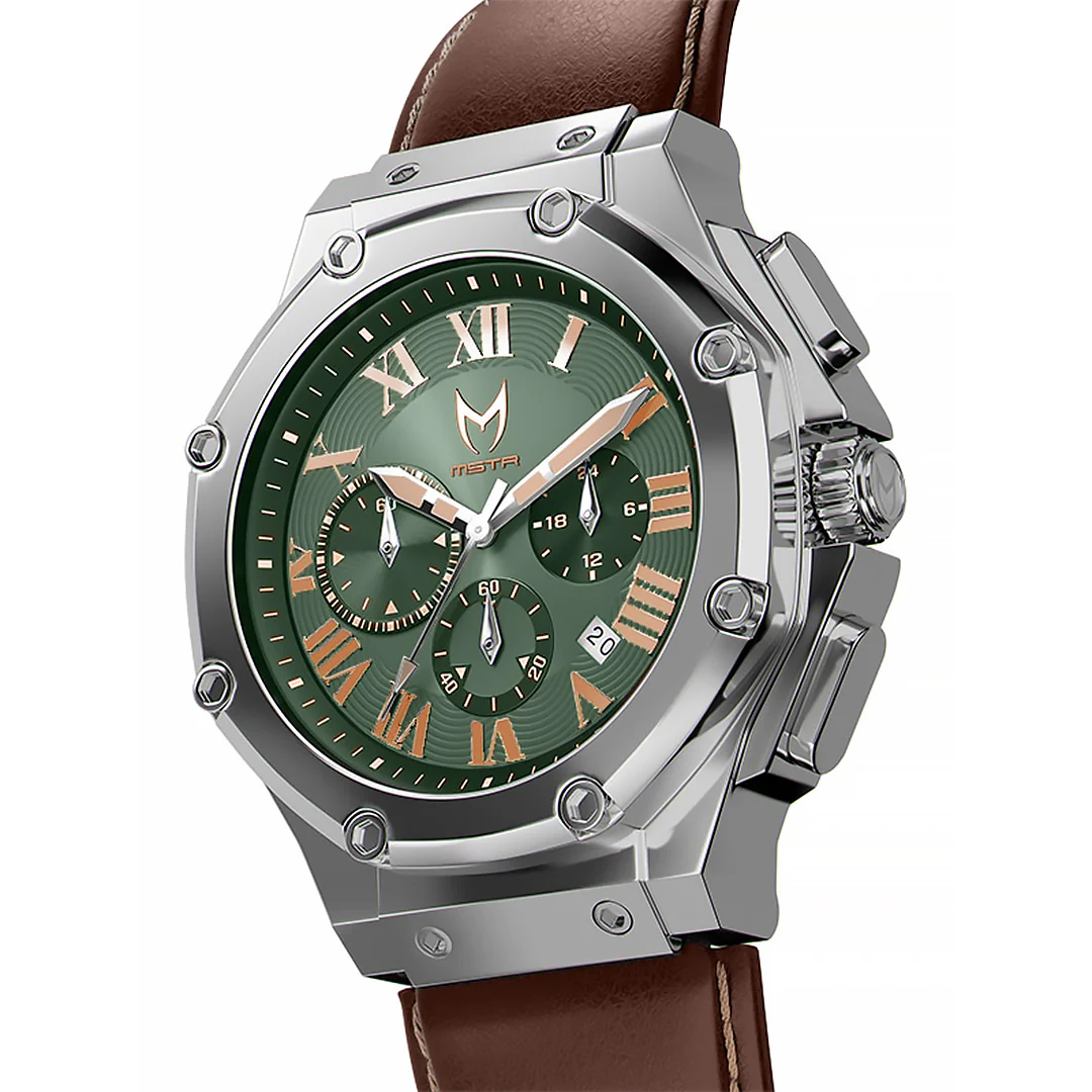 AM1037LB - AMBASSADOR SILVER / GREEN / BROWN LEATHER WATCH - Image 3