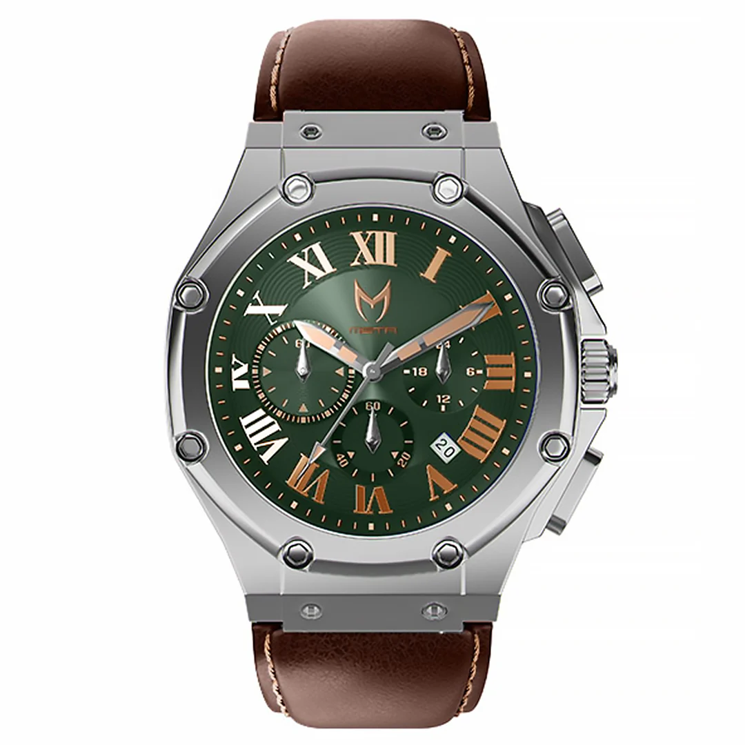 AM1037LB - AMBASSADOR SILVER / GREEN / BROWN LEATHER WATCH - Image 4